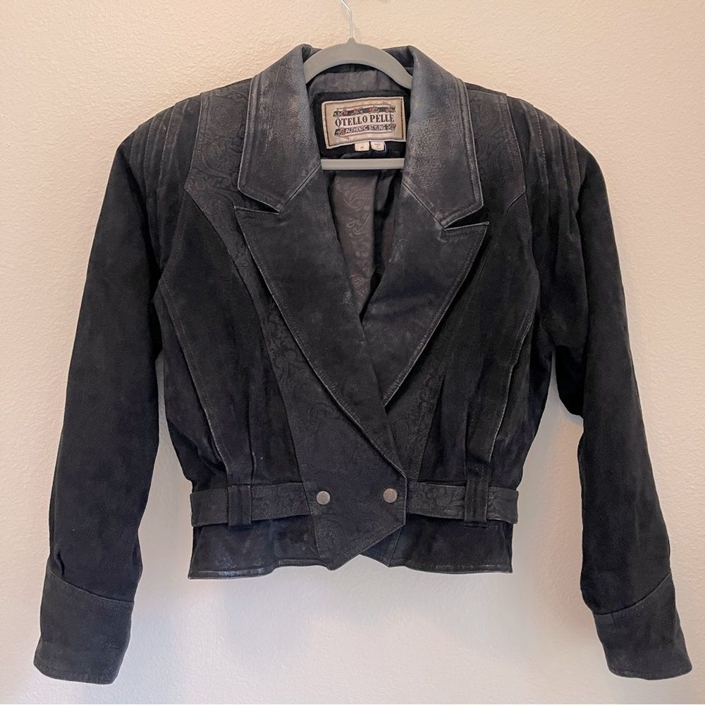Otello Pelle Cropped Leather Jacket Black Gray Nubuck Paisley Lining 90s Moto M